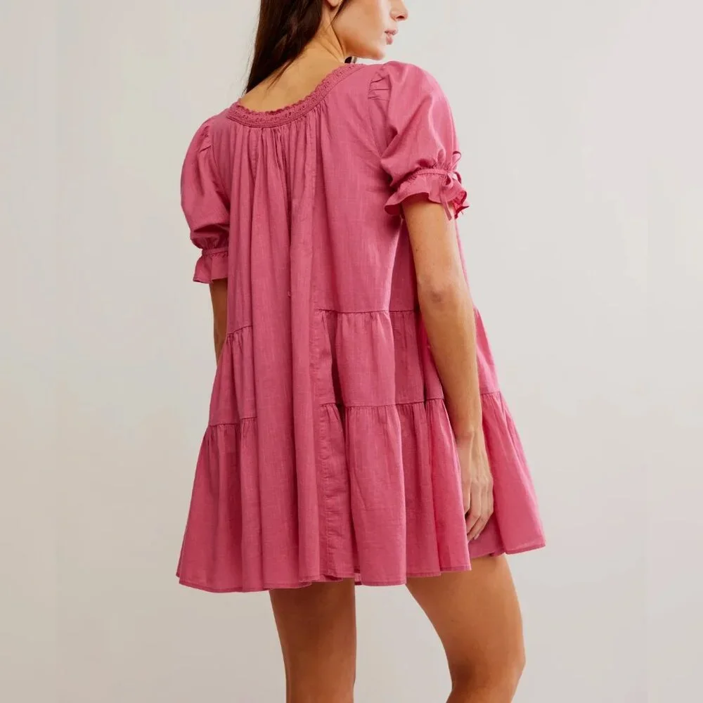 Free People Fuchsia Smocked-Yoke Mini Dress - Picture 3 of 6
